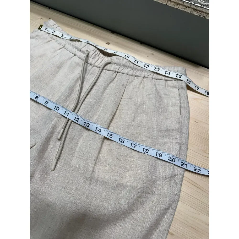 ZARA Linen Pull On Pants Womens Medium Cream Elastic Wasit Pockets High Rise
